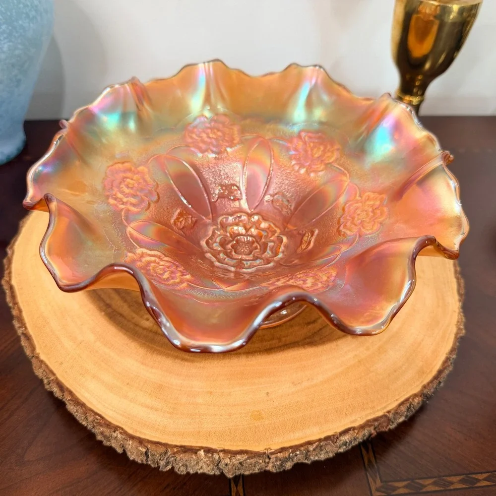 Vintage Dugan Carnival Glass‎ Bowl Marigold Ruffled Pedestal Compote Iridescent